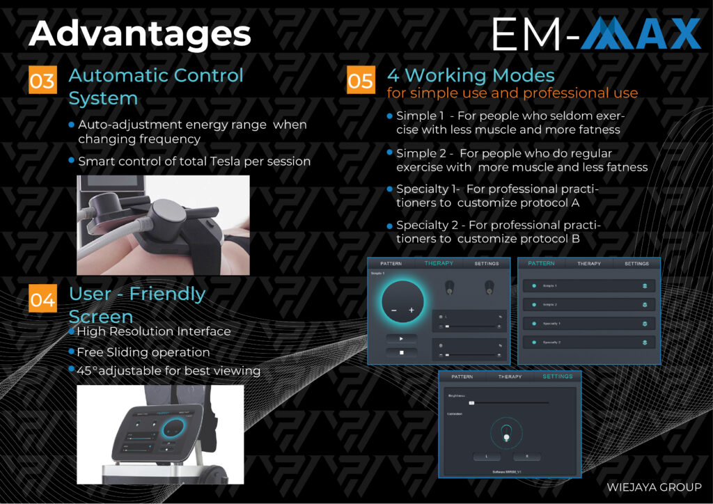Treatment menggunakan EM-MAX dapat membangun massa otot dan mengurangi lemak tanpa masa downtime, non invasive serta bebas rasa sakit